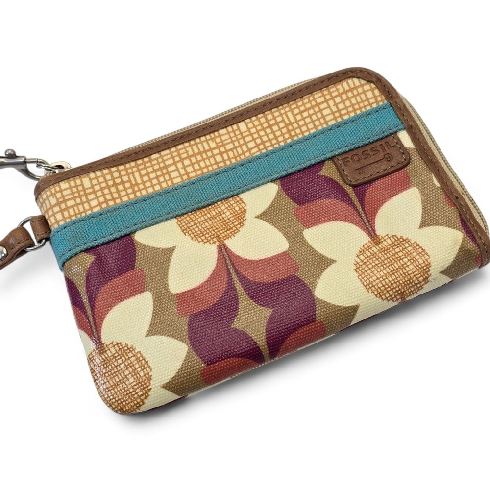 Fossil Key-Per Wallet Wristlet Floral Coated Canvas Trim Zip Organizer Clutch